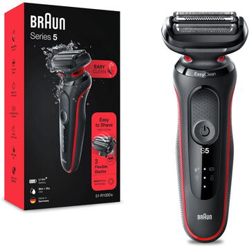 Aparat de barbierit Braun Series 5 51-R1000s Wet&Dry, AutoSense,Easy Clean, Easy Click, 3 elemente de taiere, Rosu/Negru