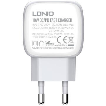 Incarcator de retea Wall charger LDNIO A2313C, USB + USB-C, PD + QC 3.0, 20W (white)