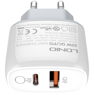 Incarcator de retea Wall charger LDNIO A2424C, USB + USB-C, PD + QC 3.0, 20W (white)