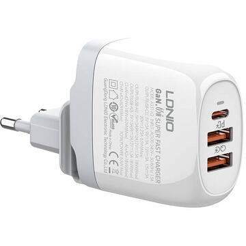 Incarcator de retea GaN charger LDNIO A3511Q, 2x USB + USB-C, 65W (white)