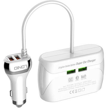 Car charger with splitter LDNIO C504Q, 3x USB (white)