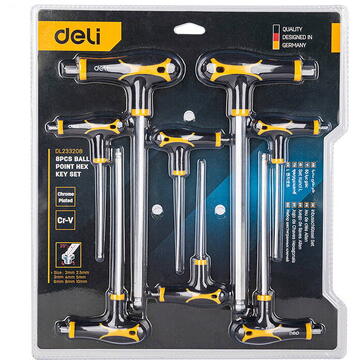Deli Tools EDL233208 T-type Ball End Hex Key, 8 pieces