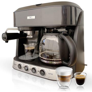 Espressor Espressor Del Caffe CoffeeShot 3 in 1 , 15 bari, 1.25 l, Functie spumare, programare, Negru/Inox