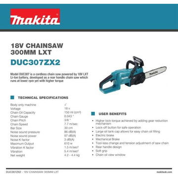 Makita DUC307ZX2 cordless chainsaw