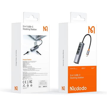 Mcdodo Multihub 5 in 1 Type-C USB3.0x3, RJ45, PD, 100W, Grey