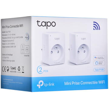 Prize inteligente TP-LINK Tapo P100(2-pack) Schuko x 1, 10 A, Bluetooth, WiFi, priza franceza alb