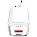 Incarcator de retea Ldnio A2318M USB-C+USB, 20W, Alb + Cablu USB-C la Lightning
