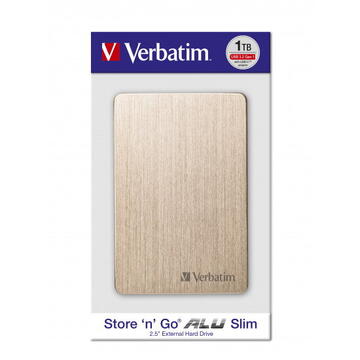 Hard disk extern Verbatim Store 'n' Go ALU Slim 1TB, USB 3.0, 2.5inch, Gold