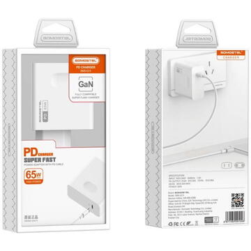 Incarcator de retea UNIVERSAL CHARGER SOMOSTEL SMS Q15 GAN CABLE TYPE-C to TYPE-C POWER DELIVERY 65W WHITE