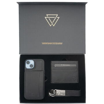 Husa Wachikopa Premium Box Set *iphone 14 Case with Kickstand Card Holder + Leather Keyring + Leather Wallet - Black