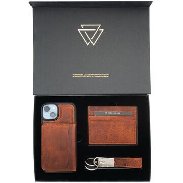 Husa Wachikopa Premium Box Set *iPhone 14 Case with Kickstand Card Holder + Leather Keyring + Leather Wallet - Brown