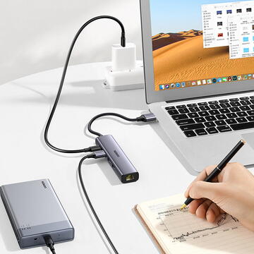 UGREEN 5in1 USB-A to 3x USB 3.0 + RJ45 + USB-C adapter (silver)