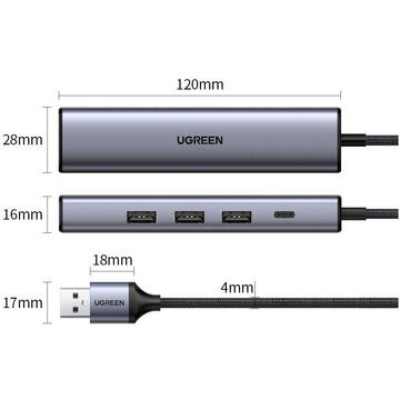 UGREEN 5in1 USB-A to 3x USB 3.0 + RJ45 + USB-C adapter (silver)
