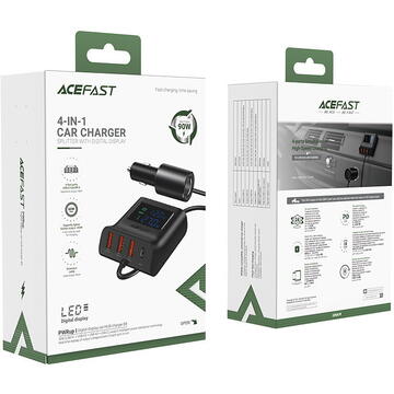 Incarcator auto Acefast USB-C/3xUSB 90W, Negru