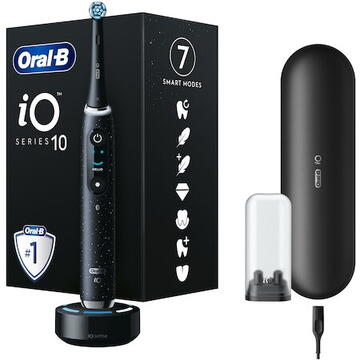 ORAL-B iO10 cu incarcator iOSense, Tehnologie Magnetica si Micro-Vibratii, Inteligenta artificiala, Display led, Senzor de presiune Smart, 7 moduri, 1 capat, Suport rezerve, Trusa de calatorie cu incarcator, Negru