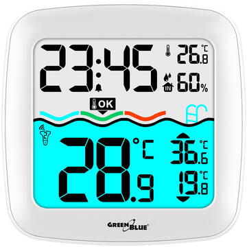 GREENBLUE Termometru pentru piscină Stație meteo, rază de 60 m, senzor plutitor, temperatură, timp, calendar, DCF, GB216