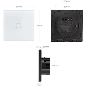 Comutator tactil Maclean, simplu, SMART, Tuya APP, sticla, negru cu iluminare patrata buton, 86x86mm, MCE716B