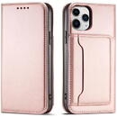 Husa Hurtel Magnet Card Case for iPhone 12 Pouch Card Wallet Card Stand Pink