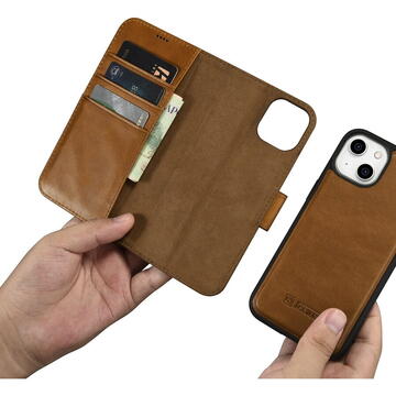 Husa iCarer Oil Wax Wallet Case 2in1 Case iPhone 14 Leather Flip Cover Anti-RFID brown (WMI14220721-TN)