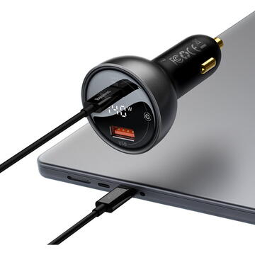 Baseus Digital Display, USB/USB-C, Putere 140W, Quick Charge, Cablu USB-C inclus, Negru