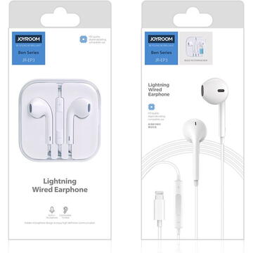 Joyroom Ben Series earphones Lightning with remote and microphone white (JR-EP3)
