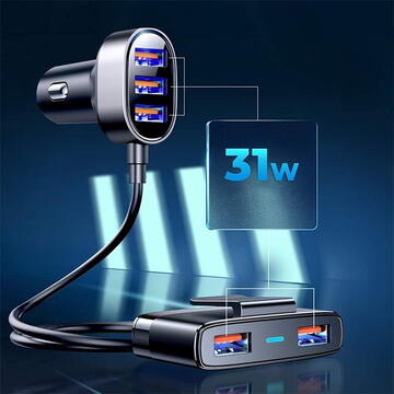 Joyroom fast car charger 5x USB 6.2 A with extension cable black (JR-CL03)