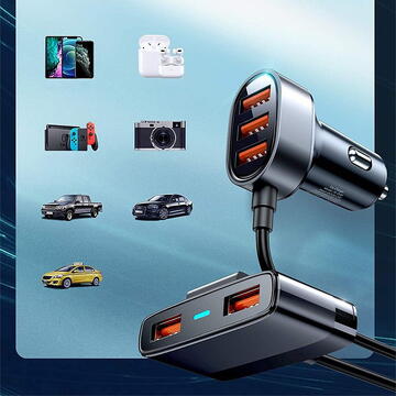 Joyroom fast car charger 5x USB 6.2 A with extension cable black (JR-CL03)
