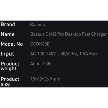 Incarcator de retea Baseus GaN3 Pro, 2x USB-C, 2x USB, 65W, negru