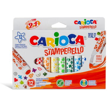 Set 12 markere lavabile, cu 12 stampile diverse forme, cutie carton, CARIOCA Stamp markers