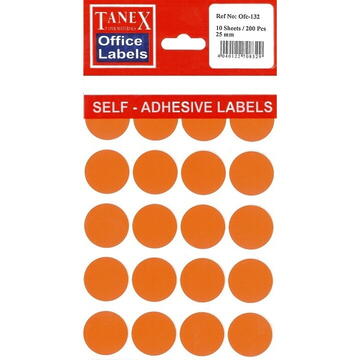 Etichete autoadezive color, D25 mm, 200 buc/set, Tanex - 5 culori asortate