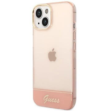 Husa Husa telefon Guess pentru iPhone 14 Plus, Camera Outline and Logo Script, Plastic, Roz