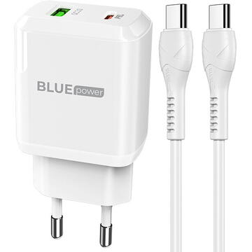 Incarcator de retea Blue Power BCN5, Quick Charge, 20W, 1 X USB - 1 X USB Type-C, Alb cu cablu USB Type-C