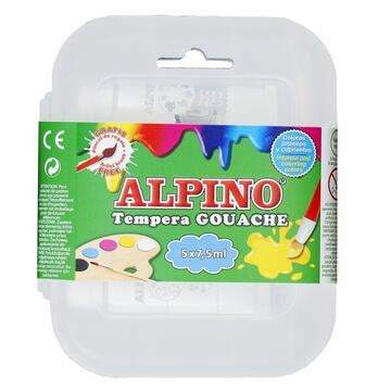 Articole pentru scoala Tempera lavabila, 5 culori x 7.5ml/cutie + pensula gratis, Alpino Gouache