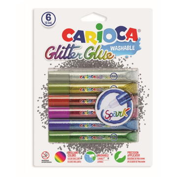 Articole pentru scoala Lipici Glitter, lavabil, 6 culori/blister, CARIOCA Glitter Glue Spark