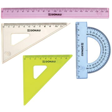 Articole pentru scoala Set geometrie mic, contine: rigla 20cm, raportor, echer 10.5cm si echer 15cm, DONAU -culori asortate
