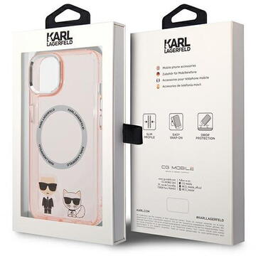Husa Husa telefon Karl Lagerfeld pentru iPhone 14, Karl and Choupette, MagSafe, Plastic, Roz