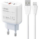 Incarcator de retea Ldnio A2421C USB, USB-C 22.5W, Alb + Cablu USB - Lightning