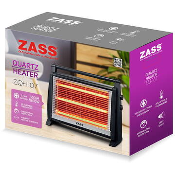Radiator tip Quartz ZASS ZQH 07, Negru, 1800 W, Incalzire rapida cu 3 elementi incalzire,Termostat reglabil,Intrerupator de siguranta,Maner integrat pentru transport facil