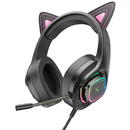 Casti Casti Gaming Jack 3.5mm cu LED si Microfon - Hoco Cat Ears (W107)  - Black / Pink