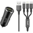 Budi Car Charger, 2x USB, 2.4A + 3in1 USB to USB-C / Lightning / Micro USB Cable (Black)