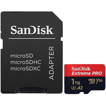 Card memorie SanDisk Extreme PRO microSDXC 1TB, pana la 200MB/s & 140MB/s Read/Write speeds A2 C10 V30 UHS-I U3 + SD Adapter