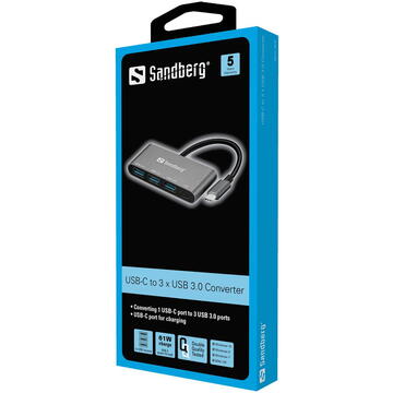 Sandberg 136-03 USB-C to 3xUSB 3.0 Hub + PD