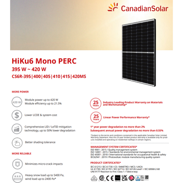 Panouri solare Canadian Solar CS6R-400MS-BKFR Monocristalin 400W, HiKu6, Mono PERC, Black Frame, IP68, 108 celule
