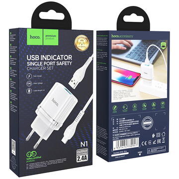 Incarcator de retea Incarcator Priza USB-A, 10W, 2.4A + Lightning - Hoco Ardent (N1) - White