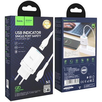Incarcator de retea Incarcator Priza USB-A, 10W, 2.4A + Cablu Type-C - Hoco Ardent (N1) - White
