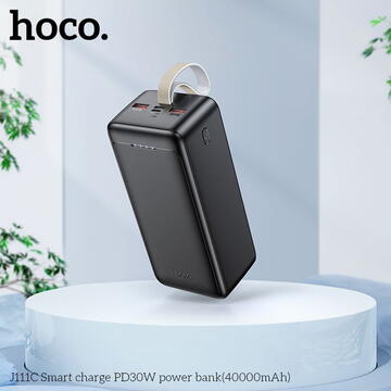 Baterie externa Hoco - Power Bank Smart (J111C) - 2x USB, Type-C, Micro-USB, PD30W, with LED for Battery Check and Lanyard, 40000mAh - Black