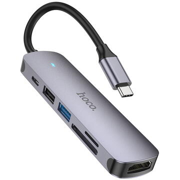 Hoco - Docking Station (HB28) - Type-C to USB3.0, USB2.0, SD Card, TF Card, Type-C, HDMI - Metal Gray