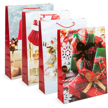 Pungă cadou pentru Crăciun - hârtie - 330 x 102 x 457 mm - 4 tipuri/ pachet