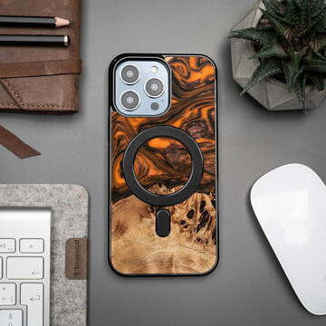 Husa Wood and Resin Case for iPhone 14 Pro Max MagSafe Bewood Unique Orange - Orange and Black