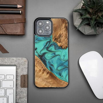 Husa Bewood Unique Turquoise iPhone 13 Pro Max Wood and Resin Case - Turquoise Black